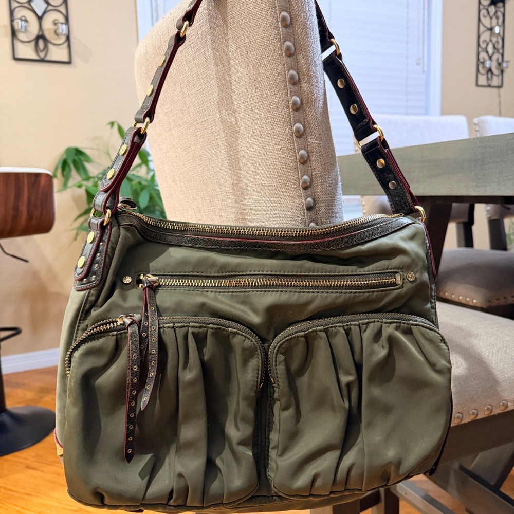 MZ Wallace Paige Olive Green Nylon Shoulder Bag Leather Trim Studded Strap - Picture 3 of 16